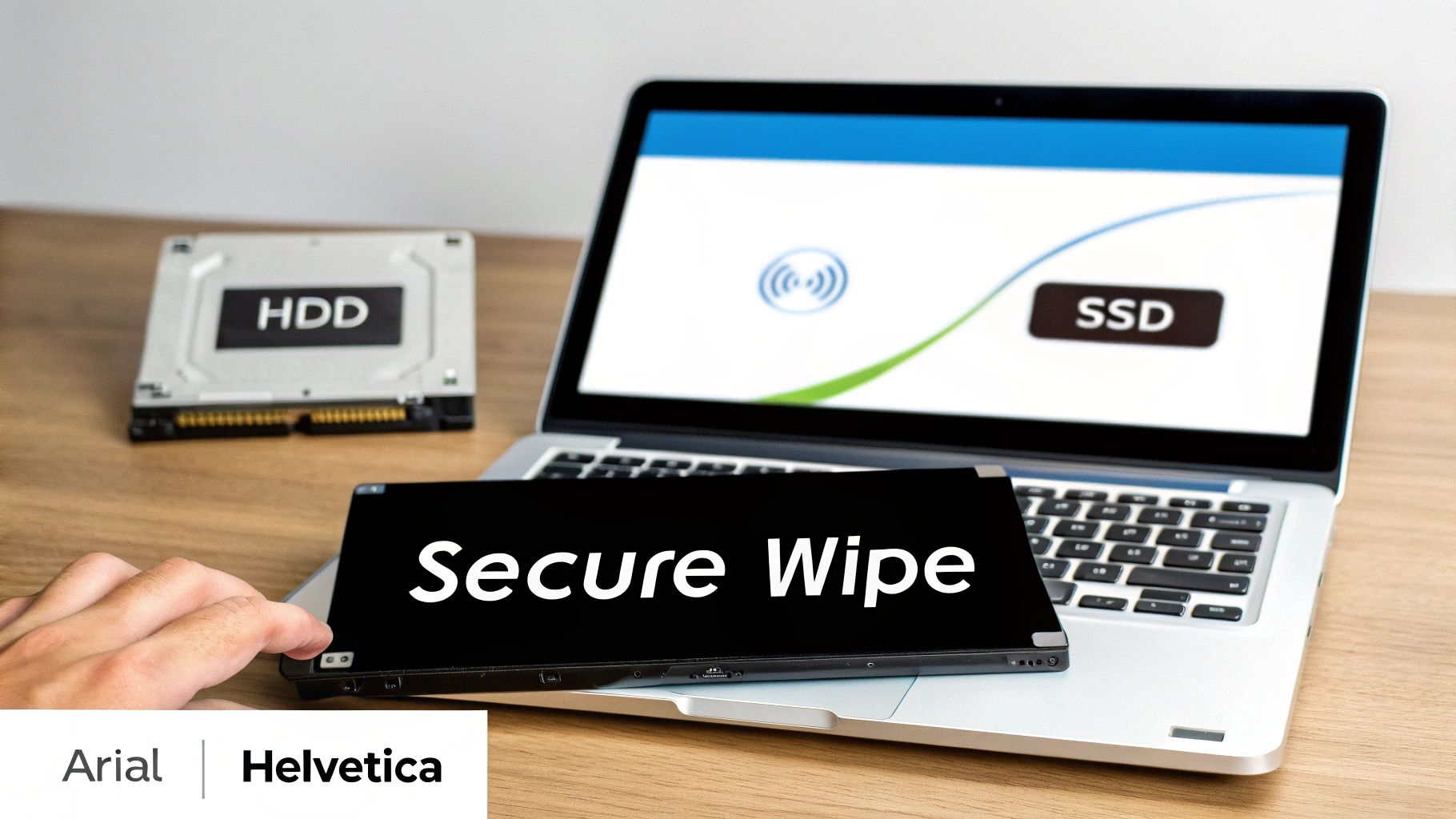 Laptop displaying HDD to SSD transfer diagram with secure wipe text overlay and hard drive