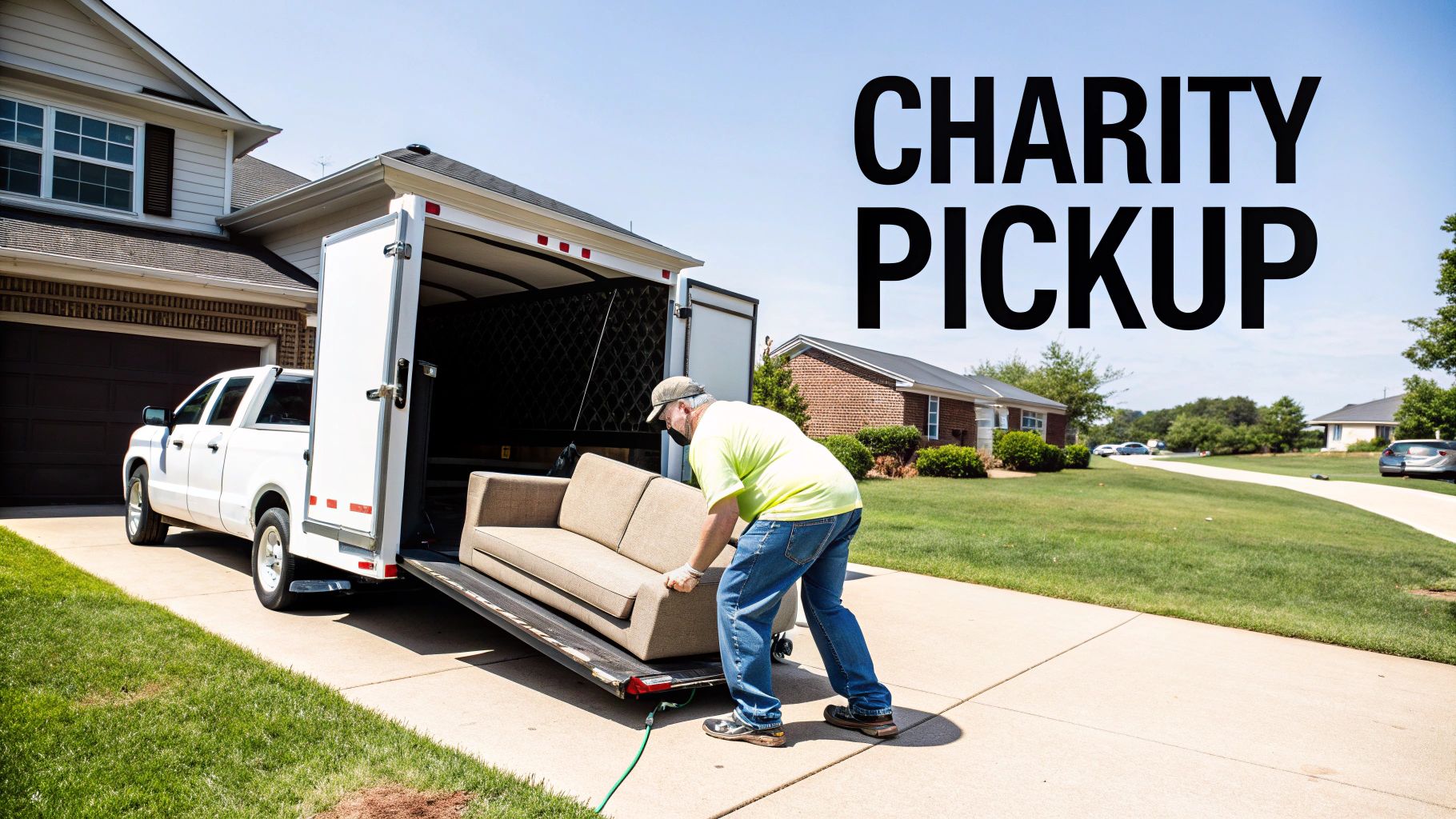 A friendly charity worker in a uniform smiles while loading a donated couch onto a truck.