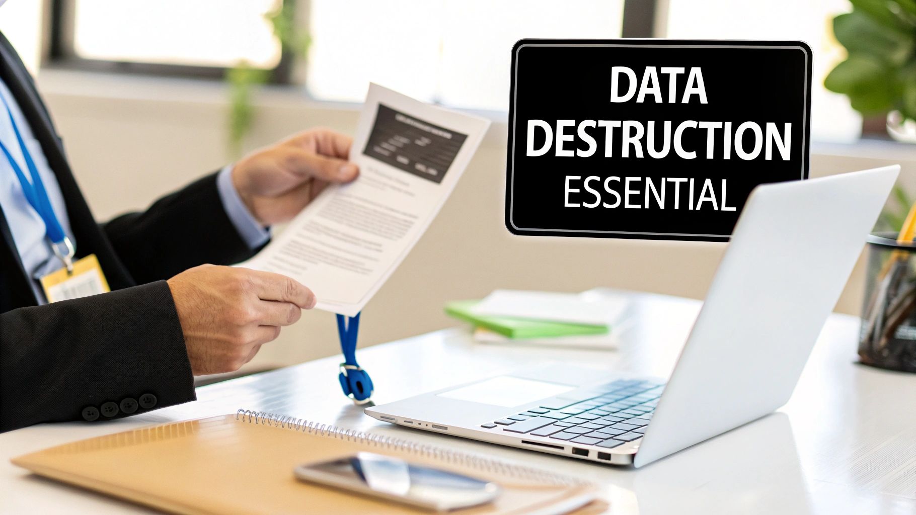 A person in a suit reviews a document at a desk with a laptop and a "DATA DESTRUCTION ESSENTIAL" sign.