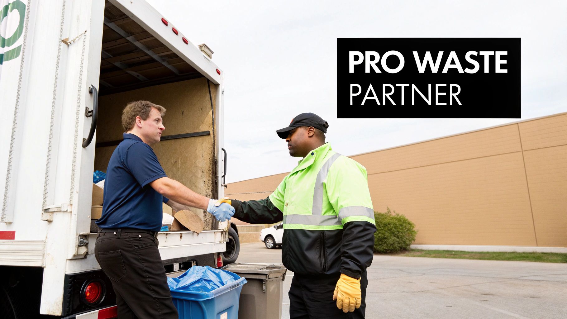 Professional waste management worker shaking hands with client near recycling truck at commercial facility