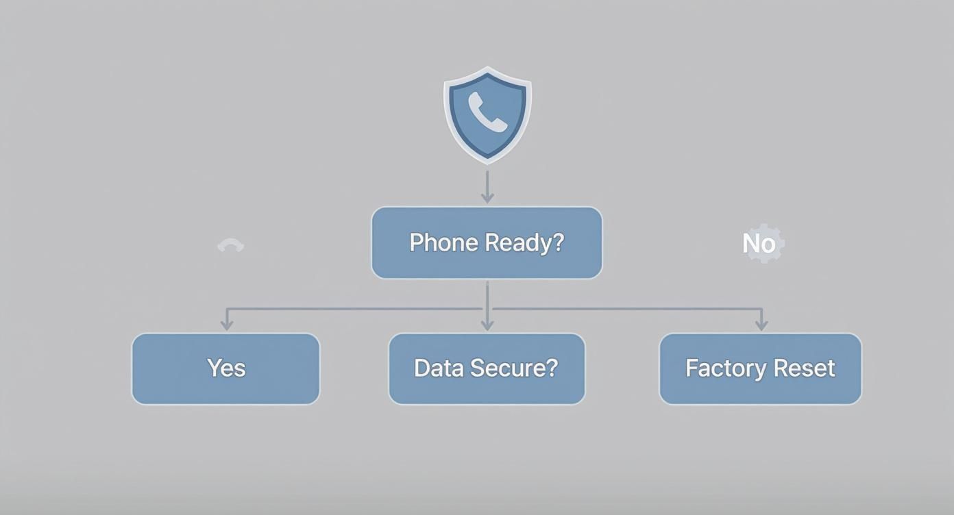 Flowchart illustrating steps for phone readiness, data security, and factory reset process.