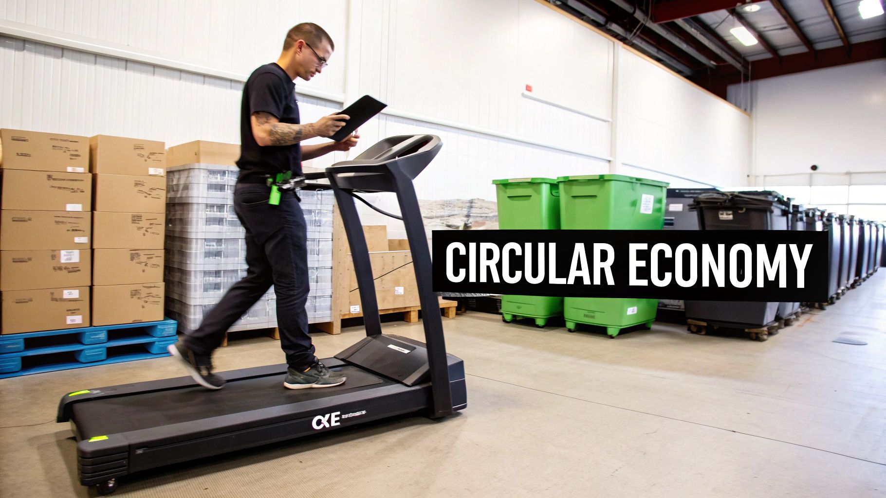 A man walks on a treadmill in a warehouse setting, holding a tablet, next to recycling bins. Text: CIRCULAR ECONOMY.