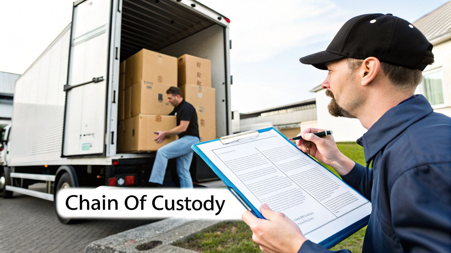 A man signs a document on a clipboard while another unloads boxes from a delivery truck, indicating a chain of custody.