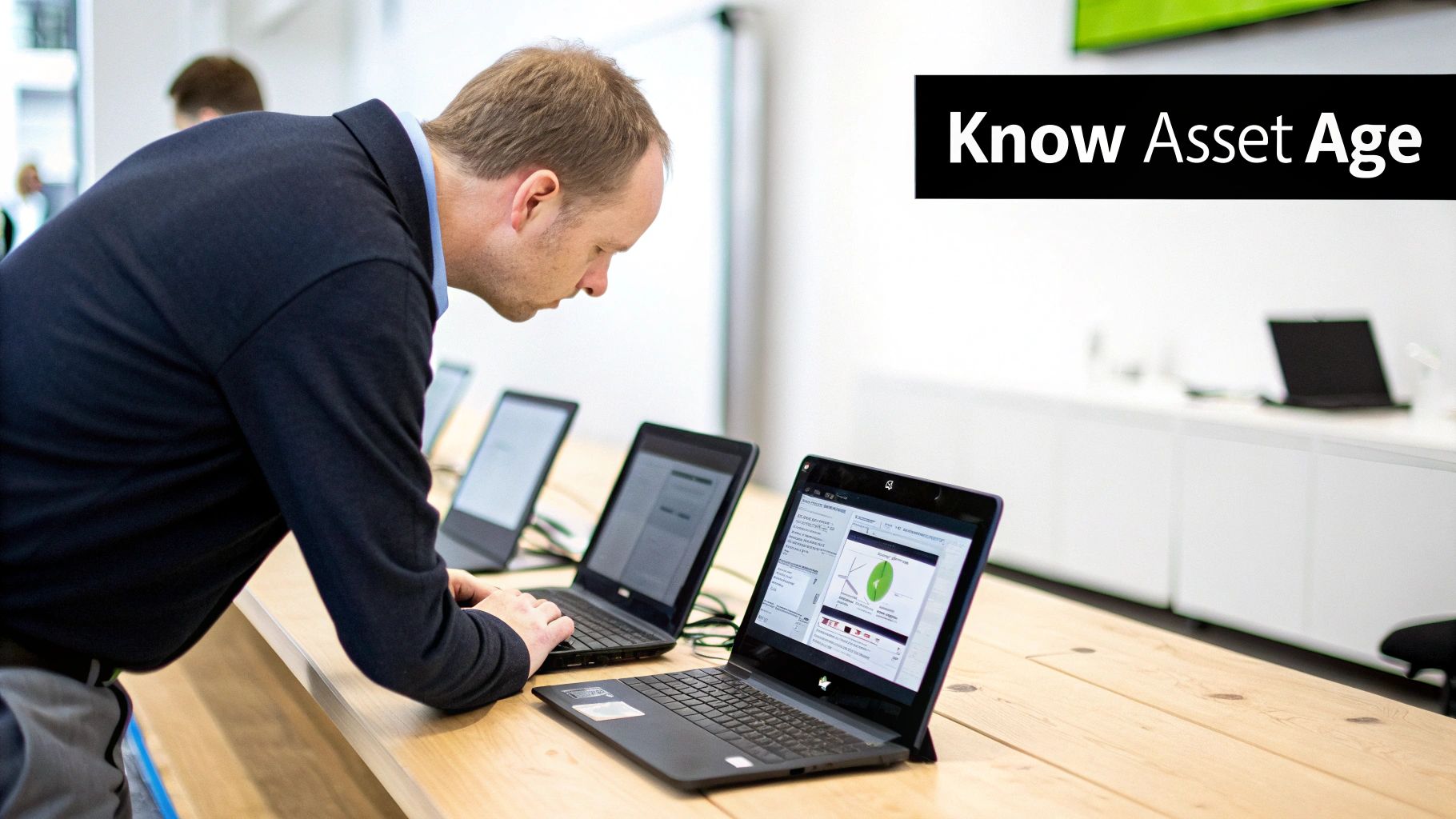 A man leans over a wooden table, examining several laptops displaying data in an office setting.