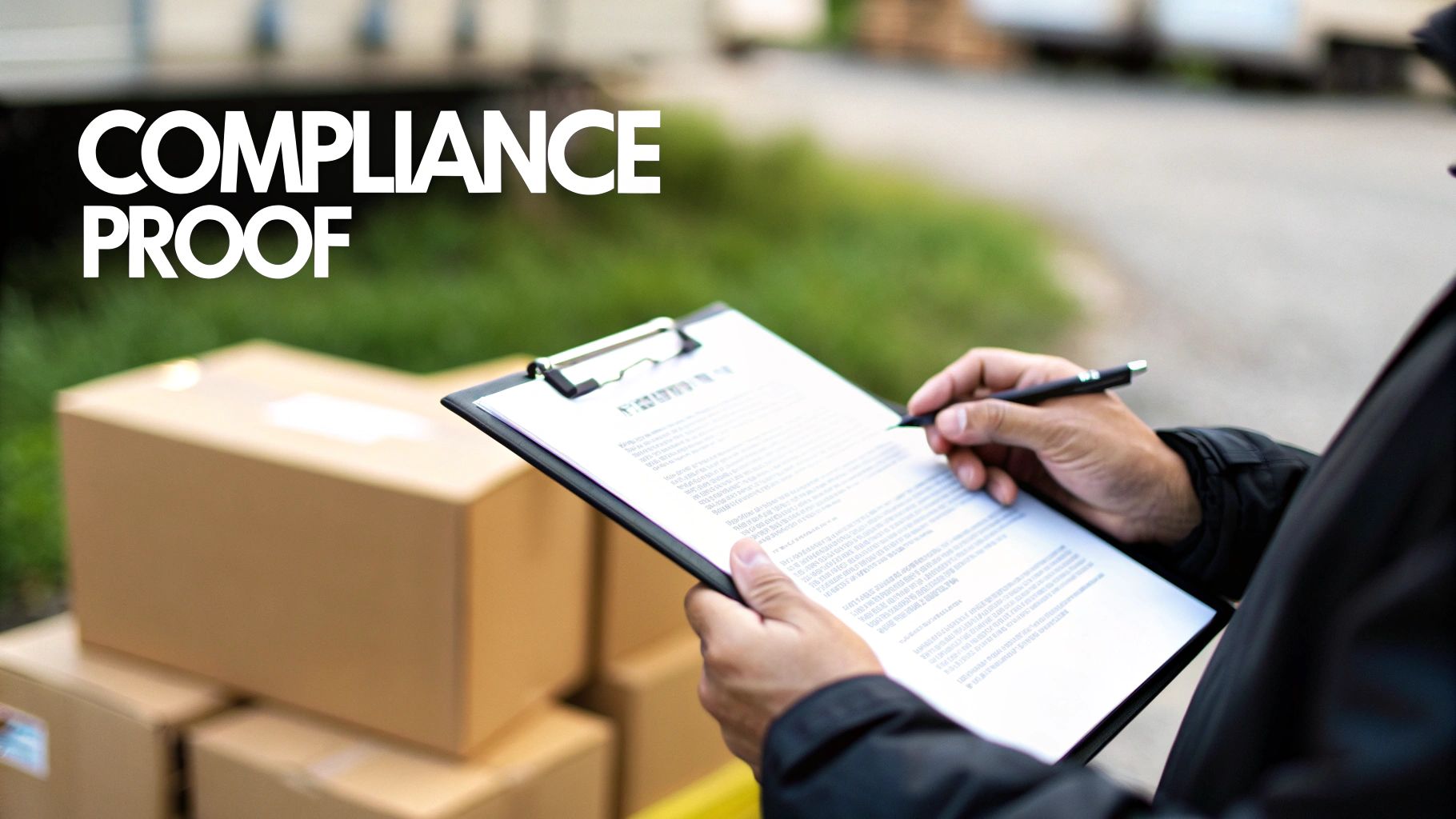 A person signs a document on a clipboard with 'COMPLIANCE PROOF' text, surrounded by cardboard boxes.