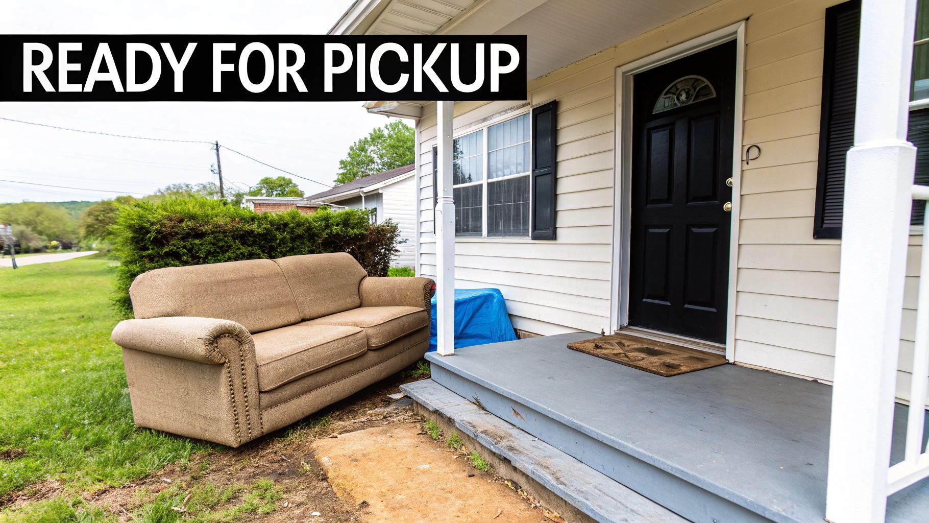 A person wipes down a wooden coffee table with a cloth, preparing it for pickup.