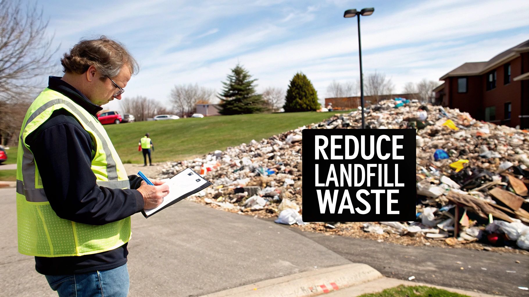 An aerial view of a landfill, showing the vast scale of waste and machinery managing it.