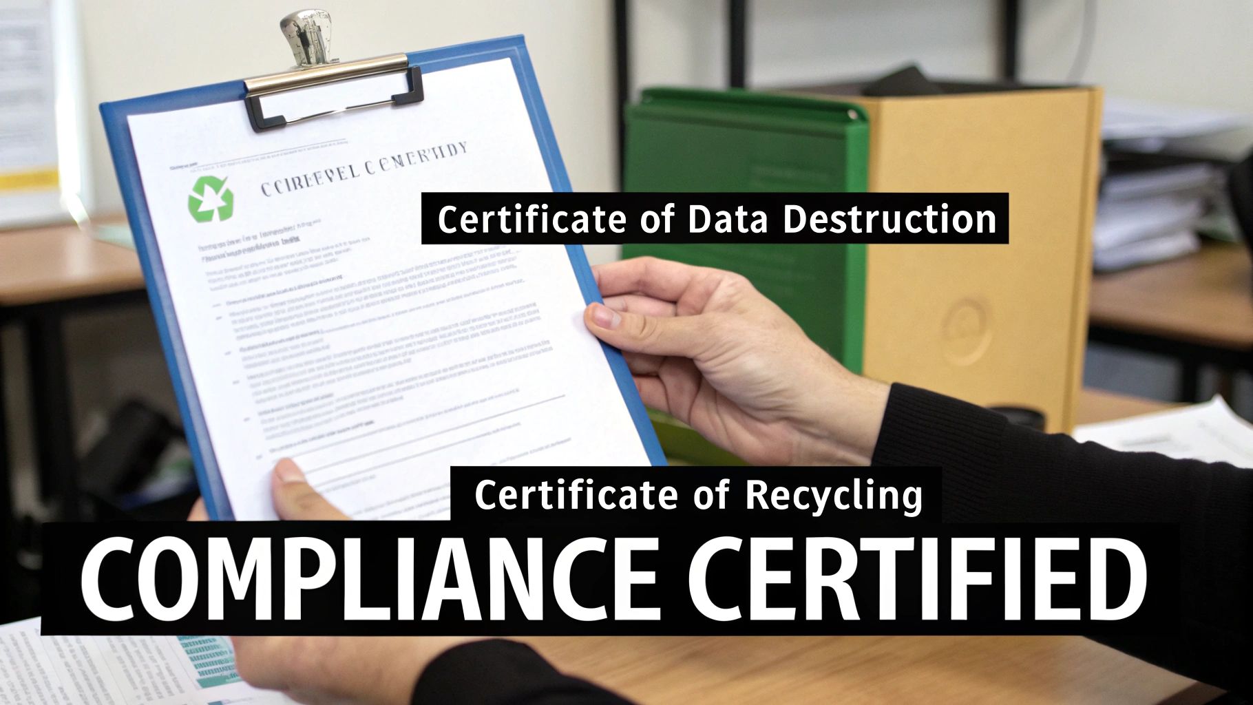 A person holds documents displaying a recycling symbol, 'Compliance Certified', 'Certificate of Data Destruction', and 'Certificate of Recycling'.