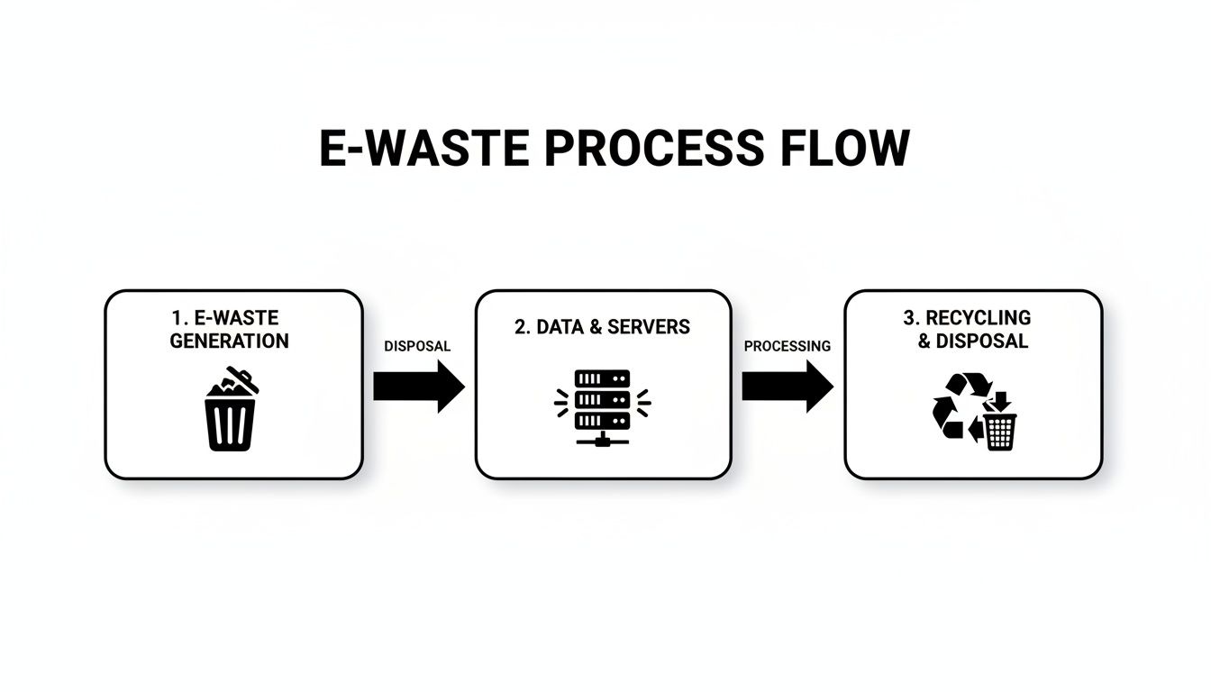 Flowchart illustrating the e-waste process from generation, through data servers, to recycling and final disposal.