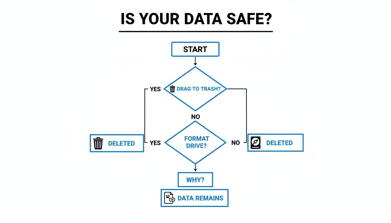 A flowchart titled 'Is Your Data Safe?' illustrates data deletion methods and where data might remain.