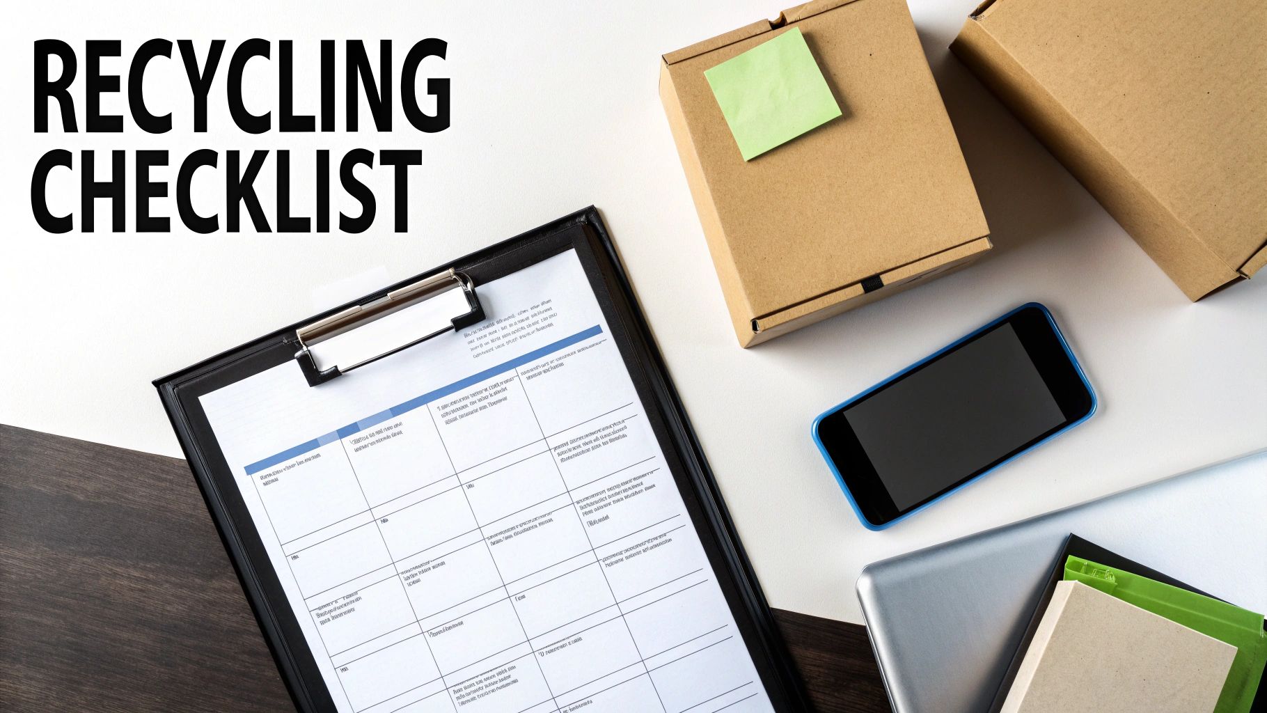 A recycling checklist on a clipboard, surrounded by cardboard boxes, a smartphone, and documents.