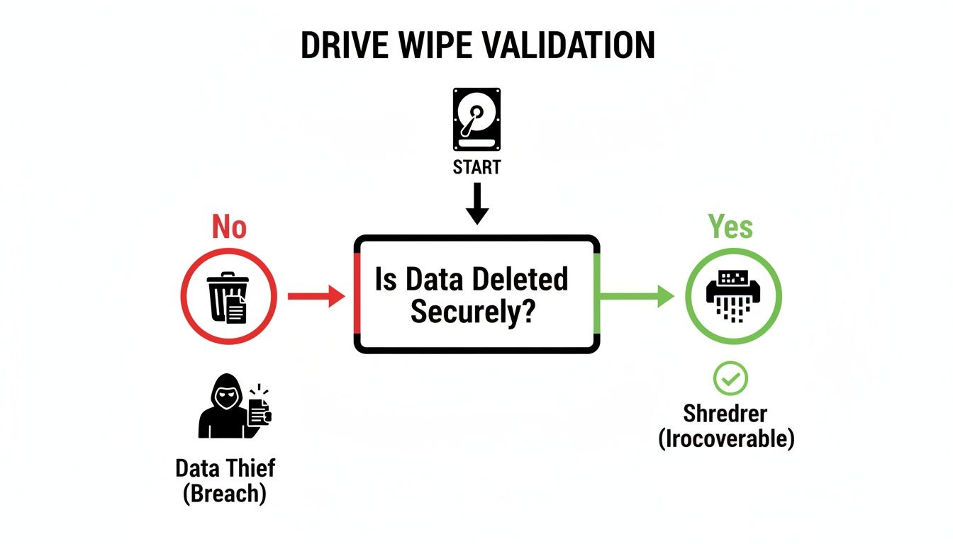 Flowchart illustrating drive wipe validation process, showing secure data deletion leading to shredding or insecure deletion leading to data breach.