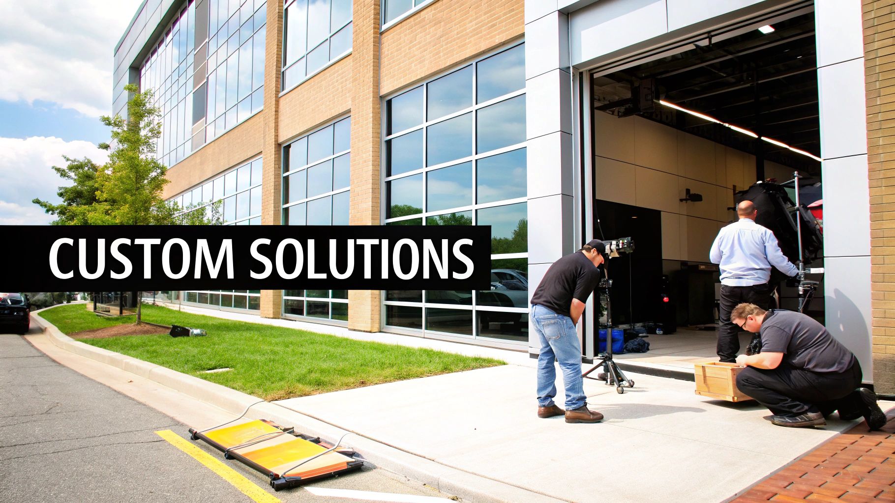 Three men working outside a modern building with large windows, setting up equipment near a garage door, with 'CUSTOM SOLUTIONS' text.