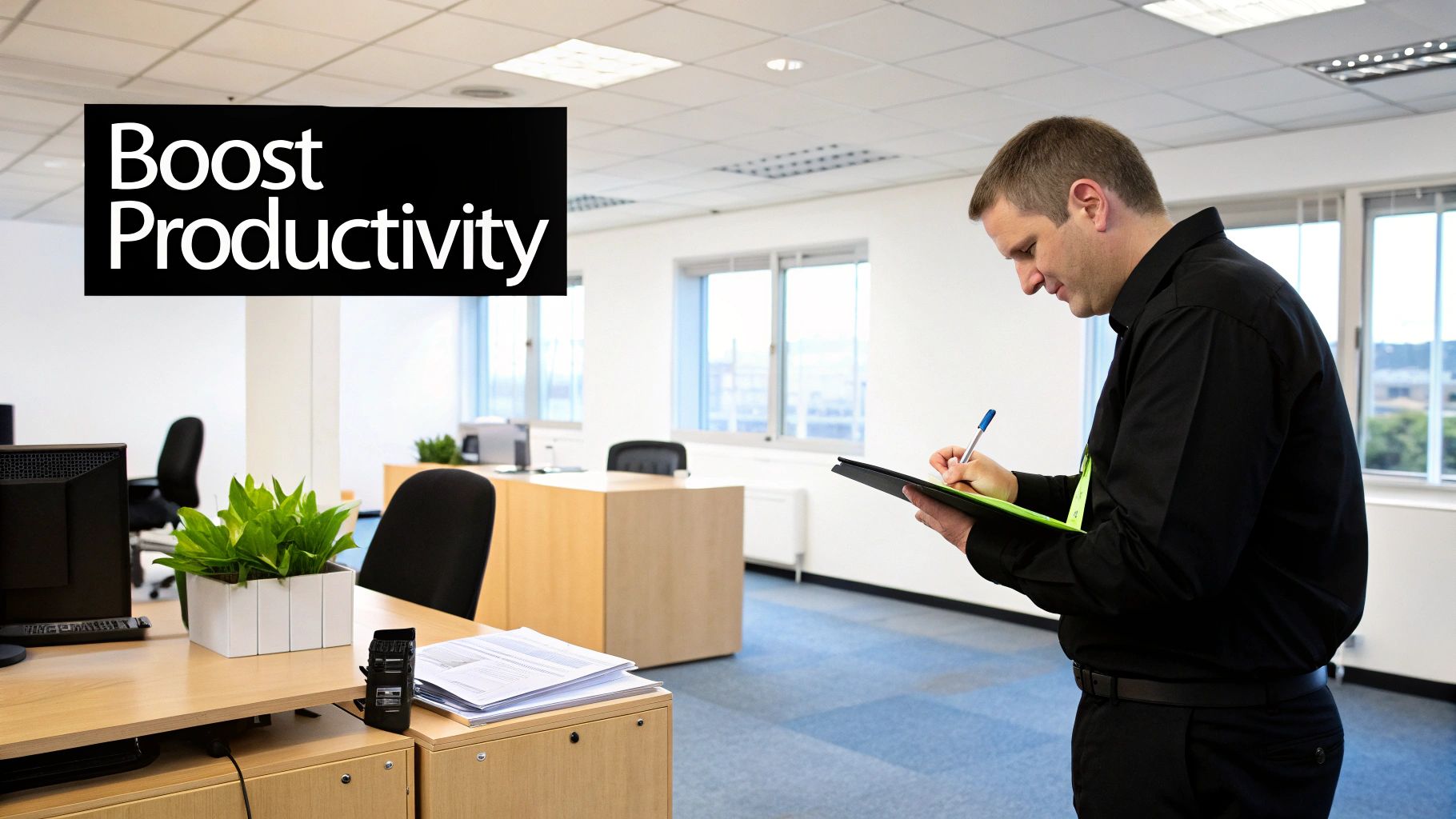 A man writing on a notepad in a modern office with a 'Boost Productivity' sign.