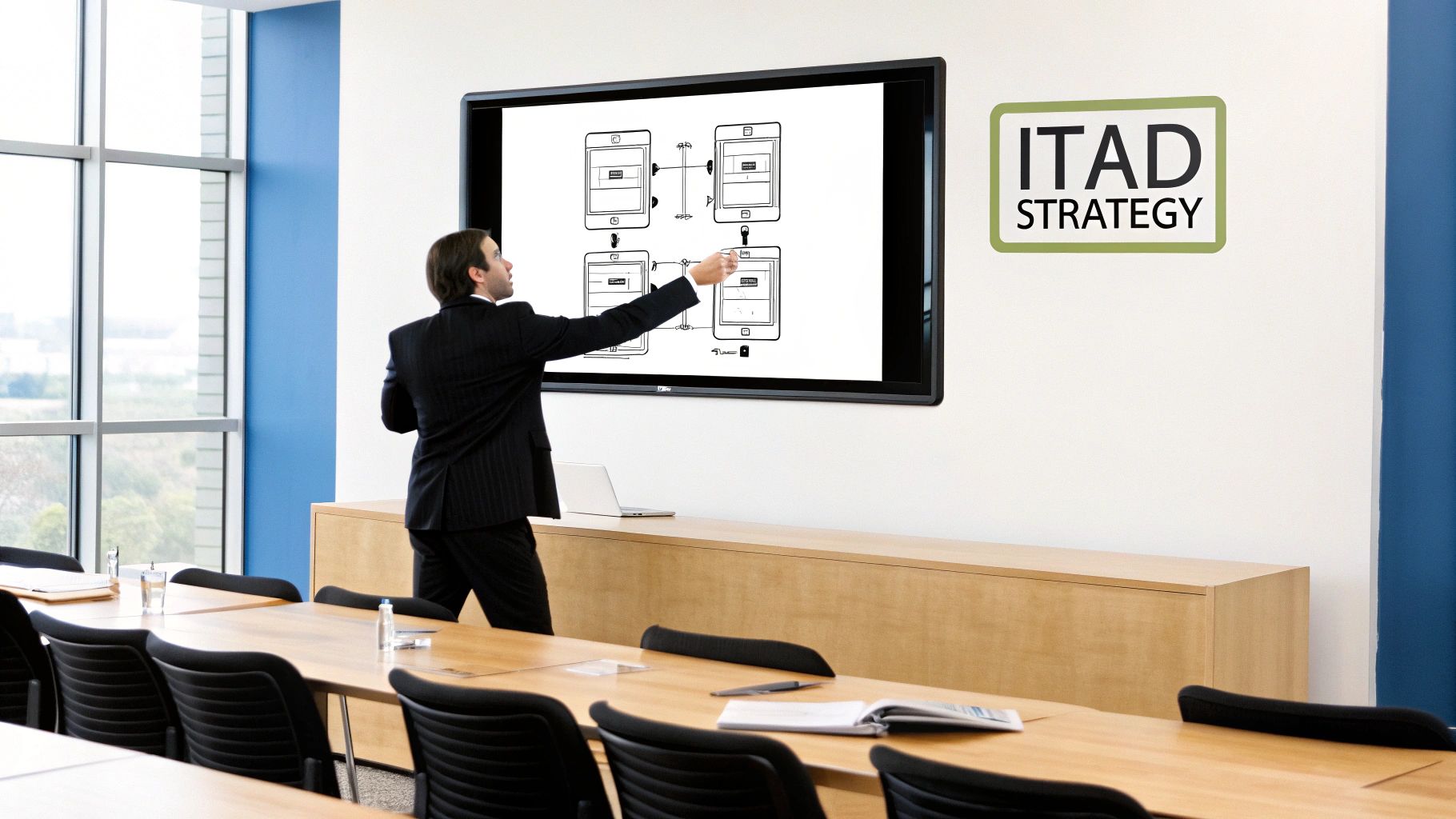 A businessman points at a large screen displaying a technical diagram during an ITAD strategy presentation.