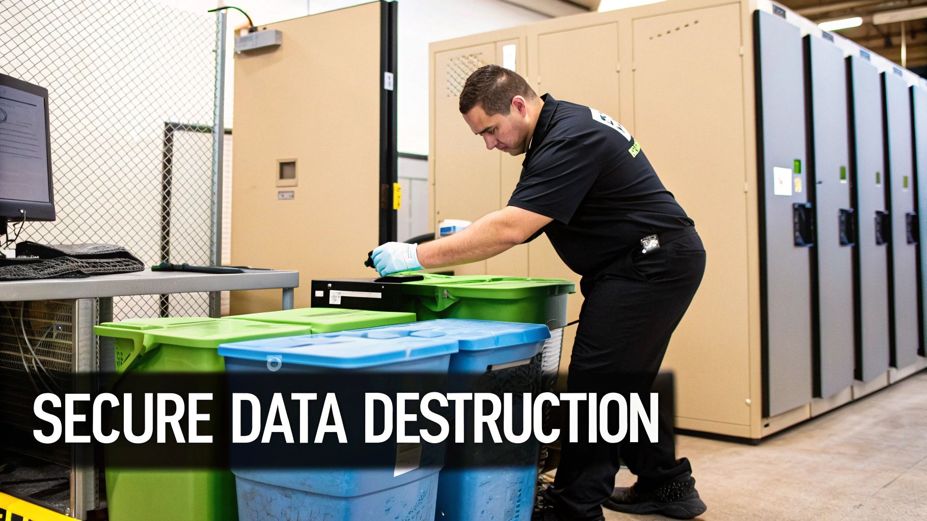 A technician securely disposes of electronic data in colored bins within a data center.