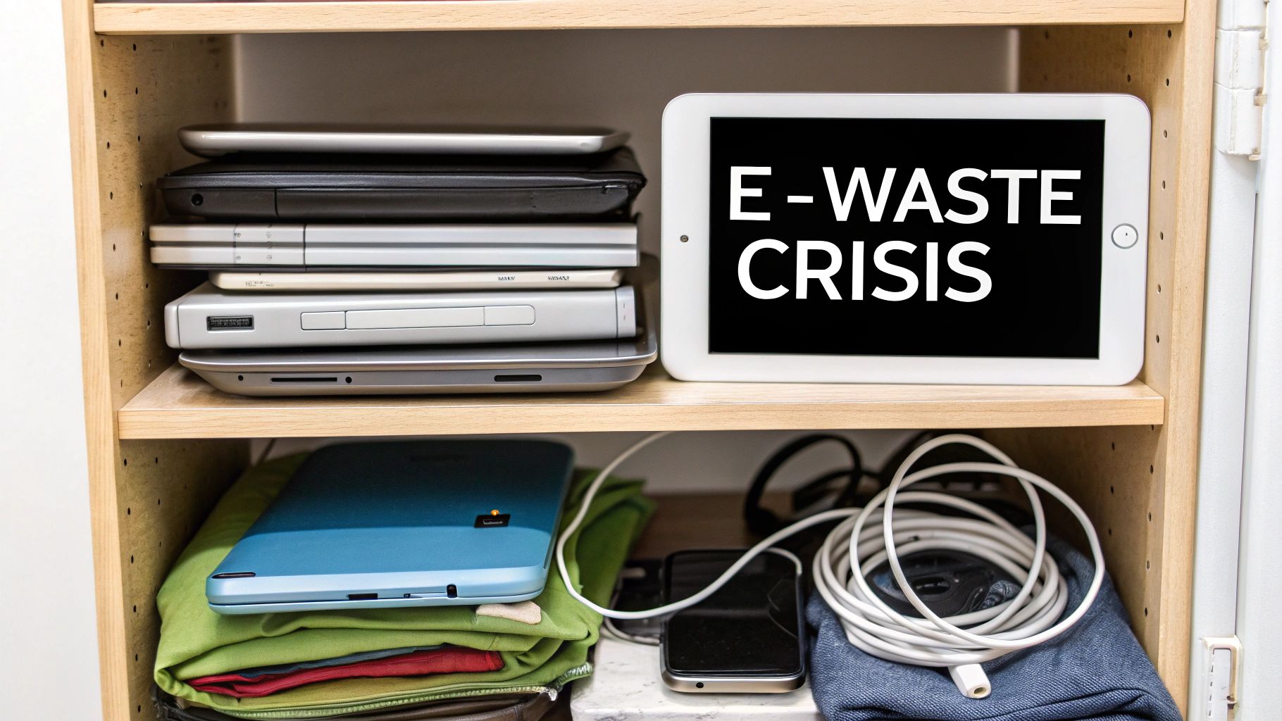 A shelf full of old laptops, tablets, smartphone, and tangled cables, with one tablet displaying 'E-WASTE CRISIS'.