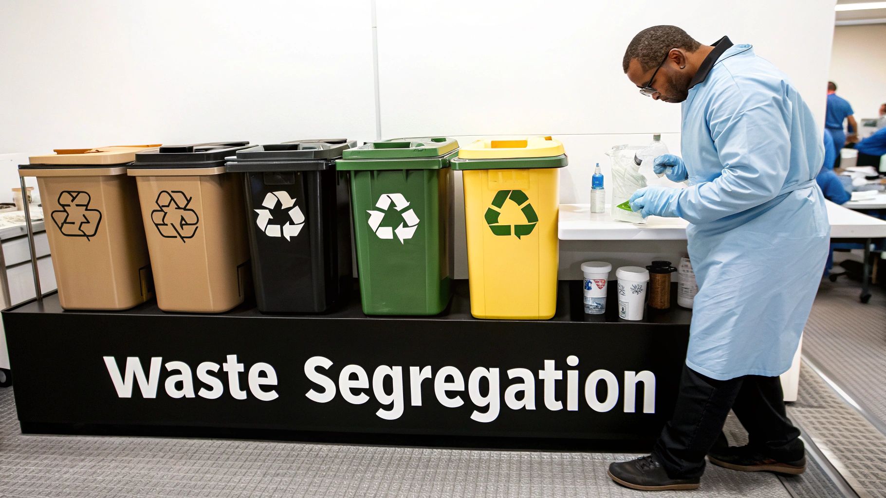 A man in a lab coat sorts waste into color-coded recycling bins with a "Waste Segregation" sign.