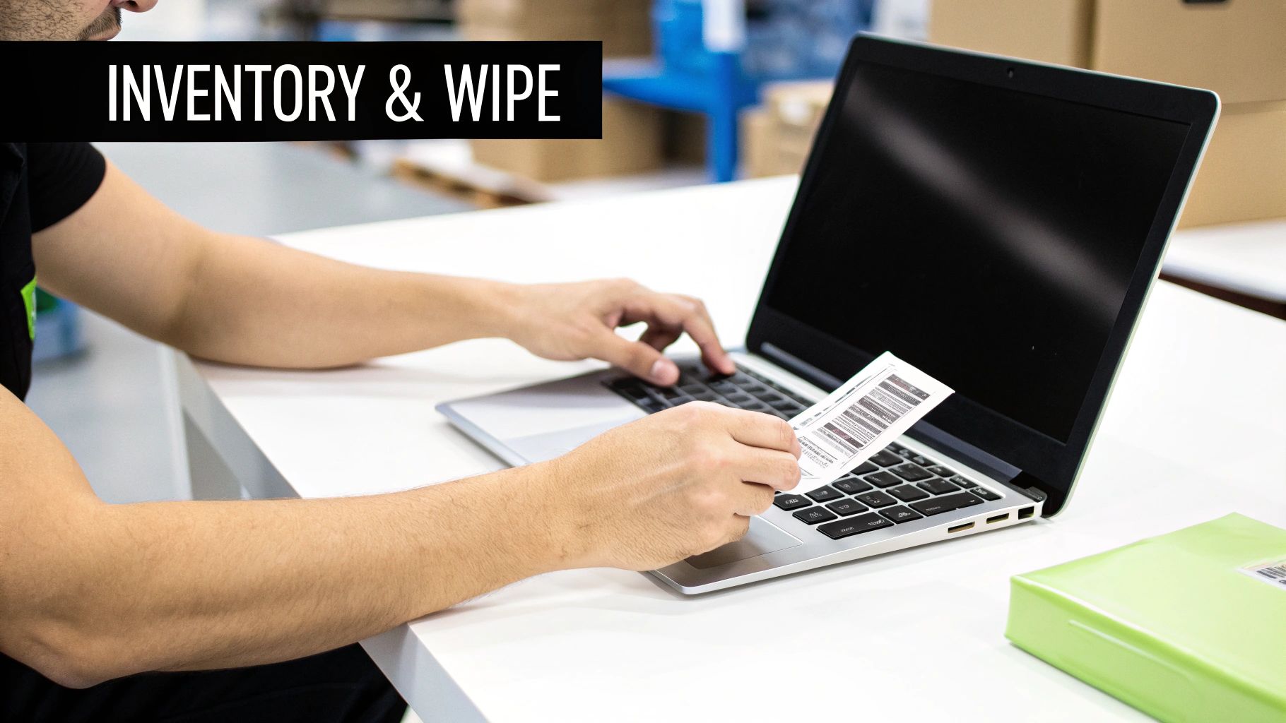 Person typing on a laptop, holding a barcode label for inventory management and data entry.