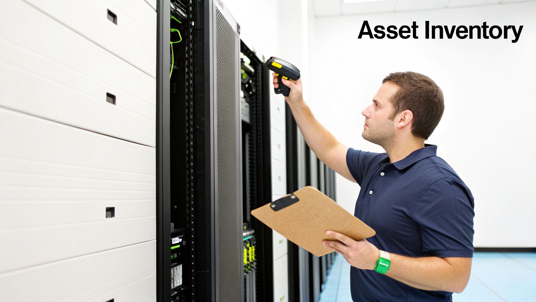 A technician scans server equipment in a data center, performing an asset inventory.