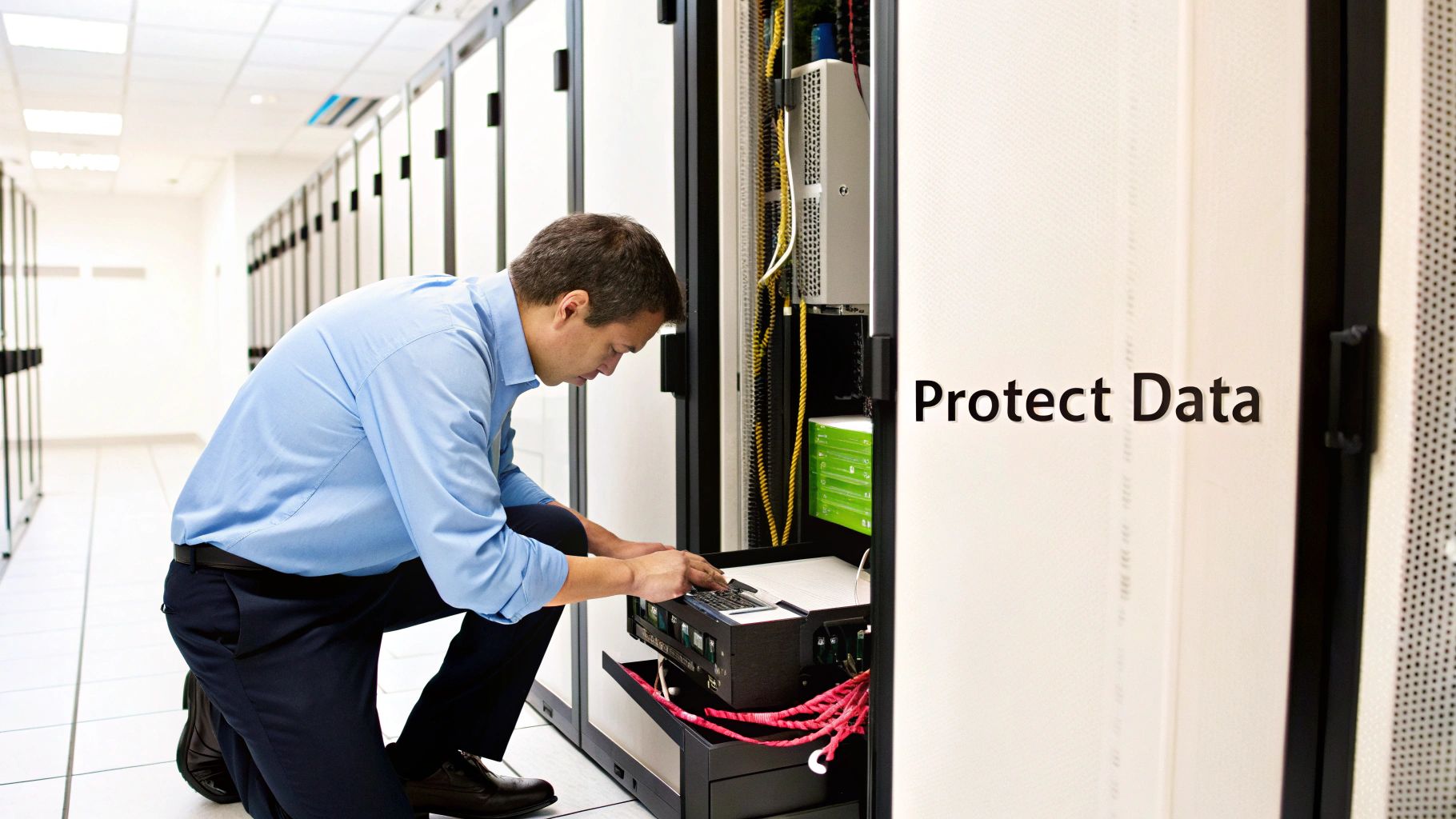 A man in a server room kneels, working on a server rack with cables, while 'Protect Data' text is visible.