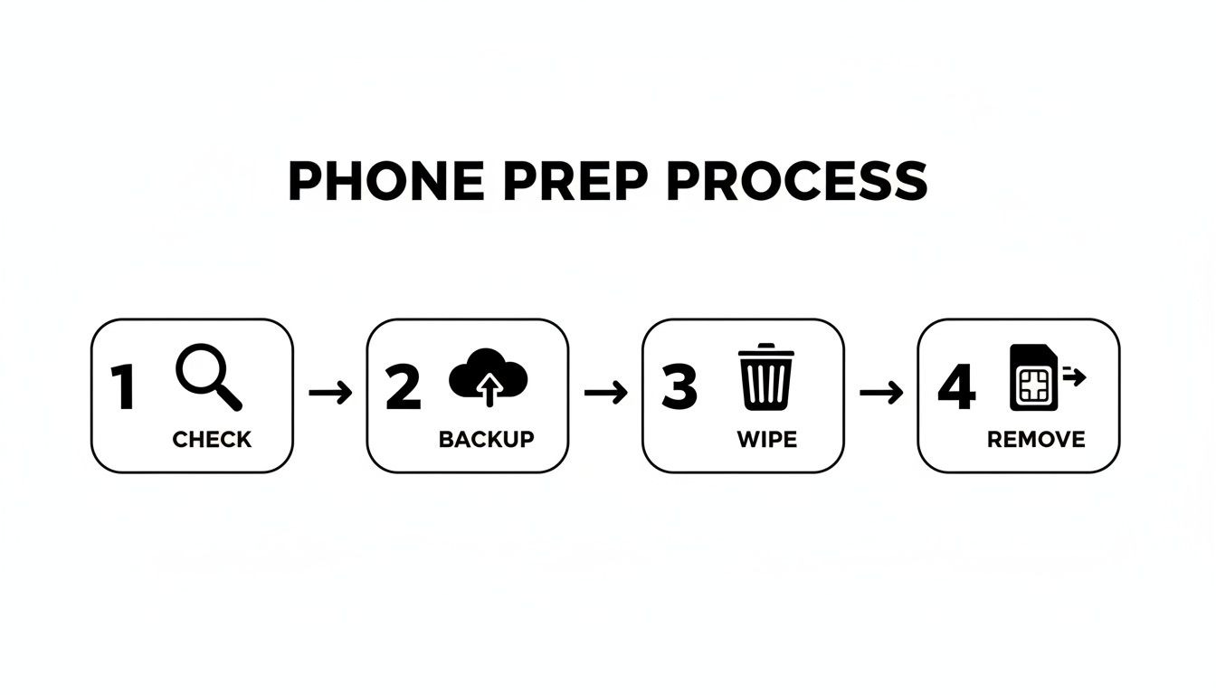 A four-step phone preparation process: check, backup, wipe, and remove SIM card.