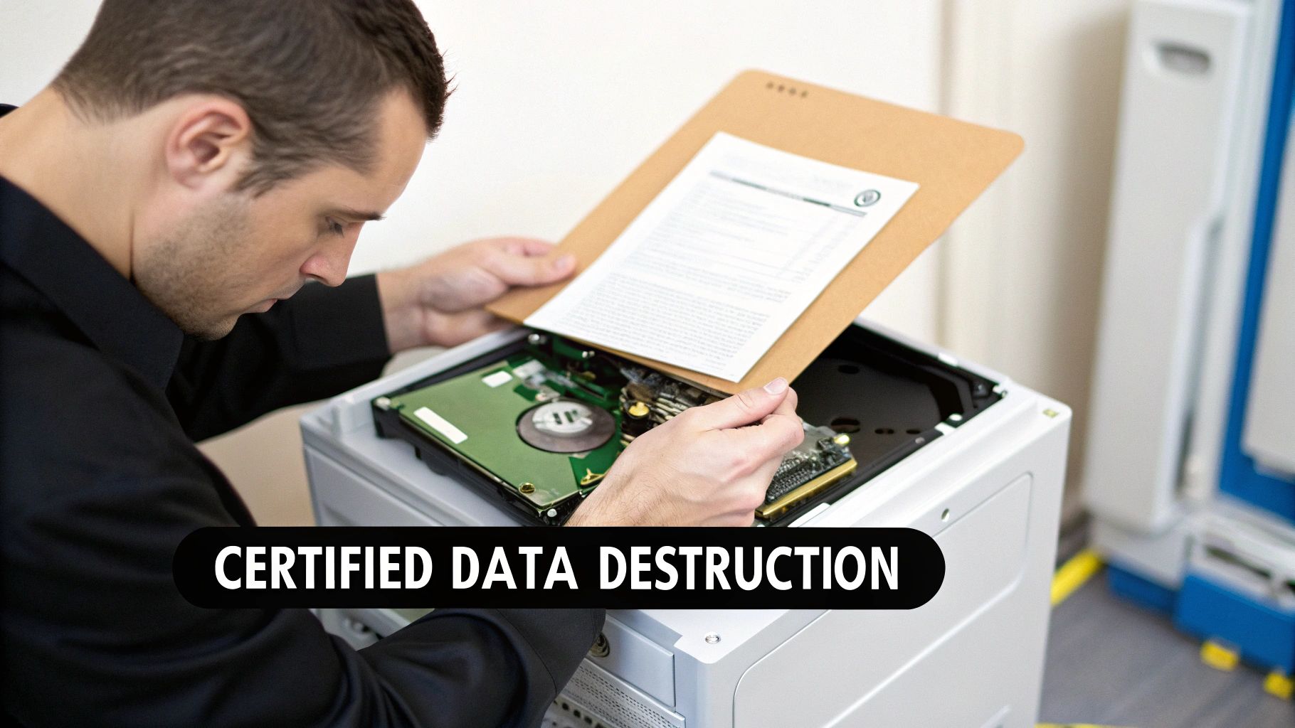 A technician performing certified data destruction, carefully working on an open computer with a hard drive.