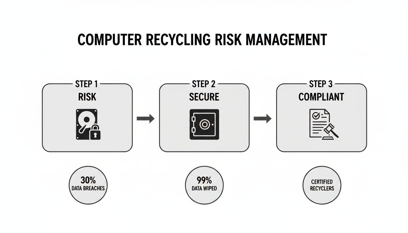 Infographic showing a three-step computer recycling risk management process for data security and compliance.