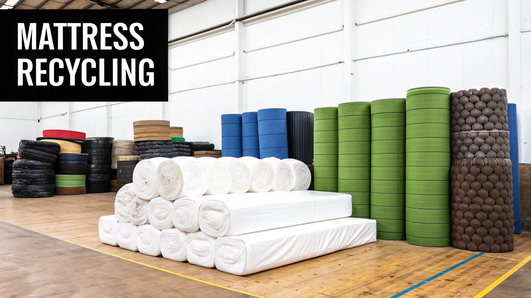 Warehouse interior showing various stacks of recycled mattress materials, including white fabric rolls and colorful foam blocks, for mattress recycling.