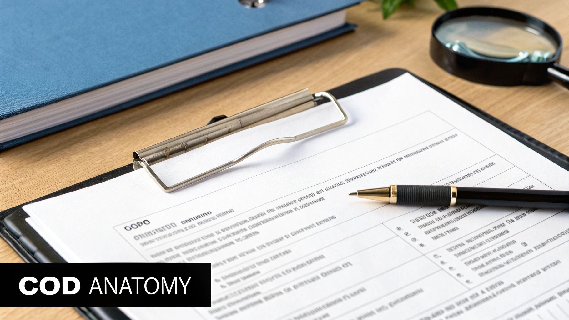 A desk with a clipboard, document, pen, blue book, and magnifying glass, suggesting office work or study.