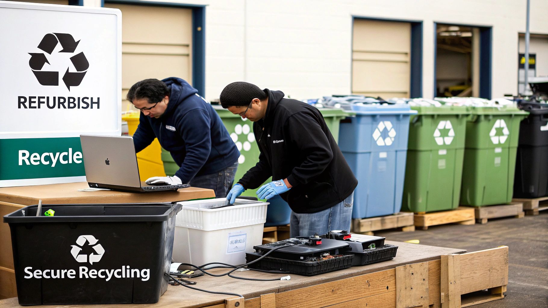 Two men securely processing electronics for recycling and refurbishment with multiple bins.