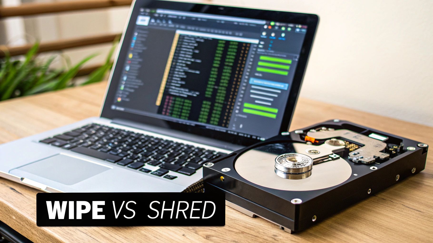 Two hard drives, one being wiped by software icons and the other entering a shredder