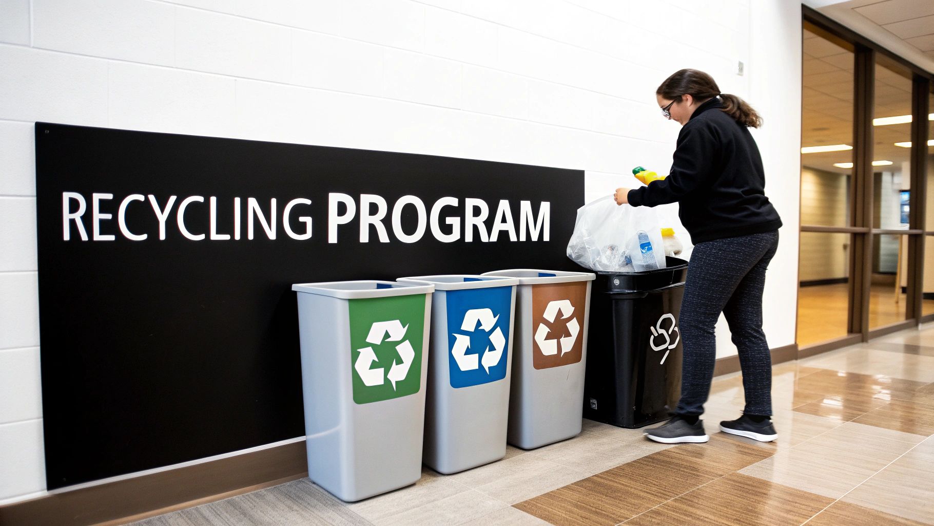 A young woman recycles plastic bottles into bins under a 'RECYCLING PROGRAM' sign indoors.