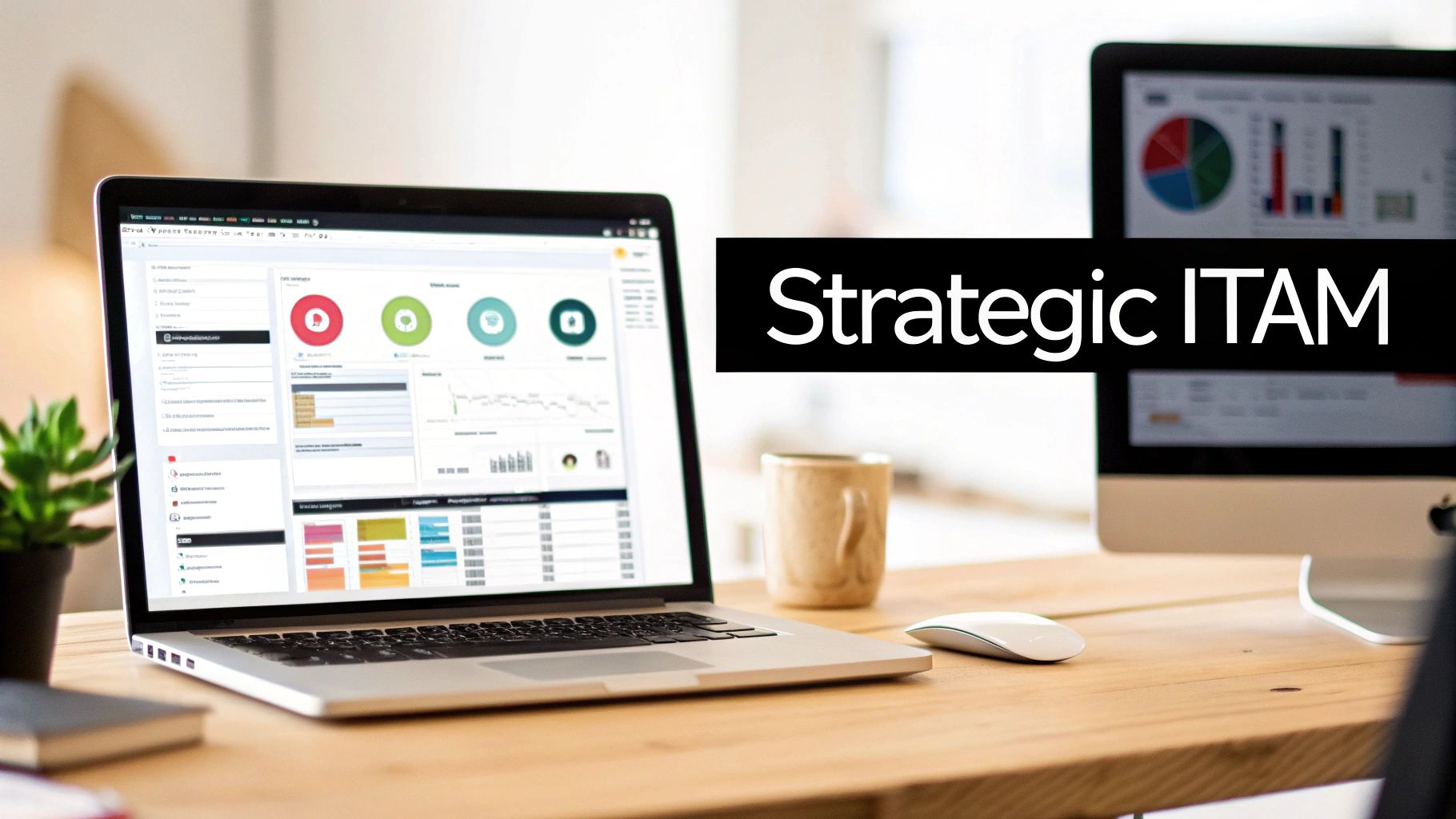 Modern office desk with a laptop and monitor displaying data dashboards for IT asset management.
