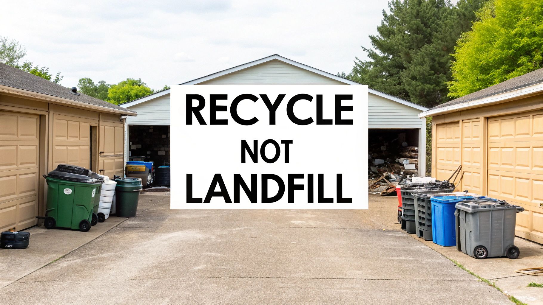 A professional junk removal worker carrying a box of recyclable materials out of a garage.