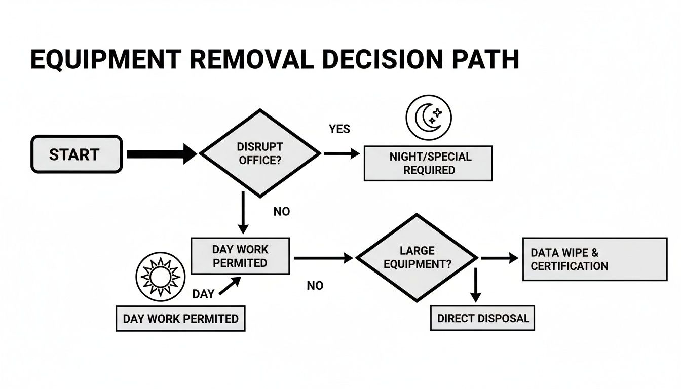 Flowchart detailing the equipment removal decision path, considering office disruption and equipment size.