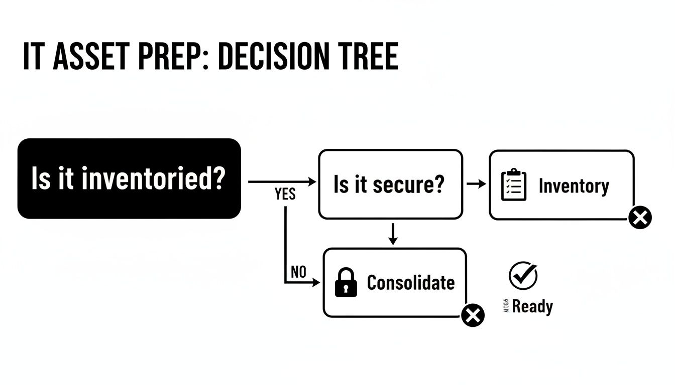 Decision tree for IT asset preparation outlining steps for inventorying, securing, and consolidating assets.