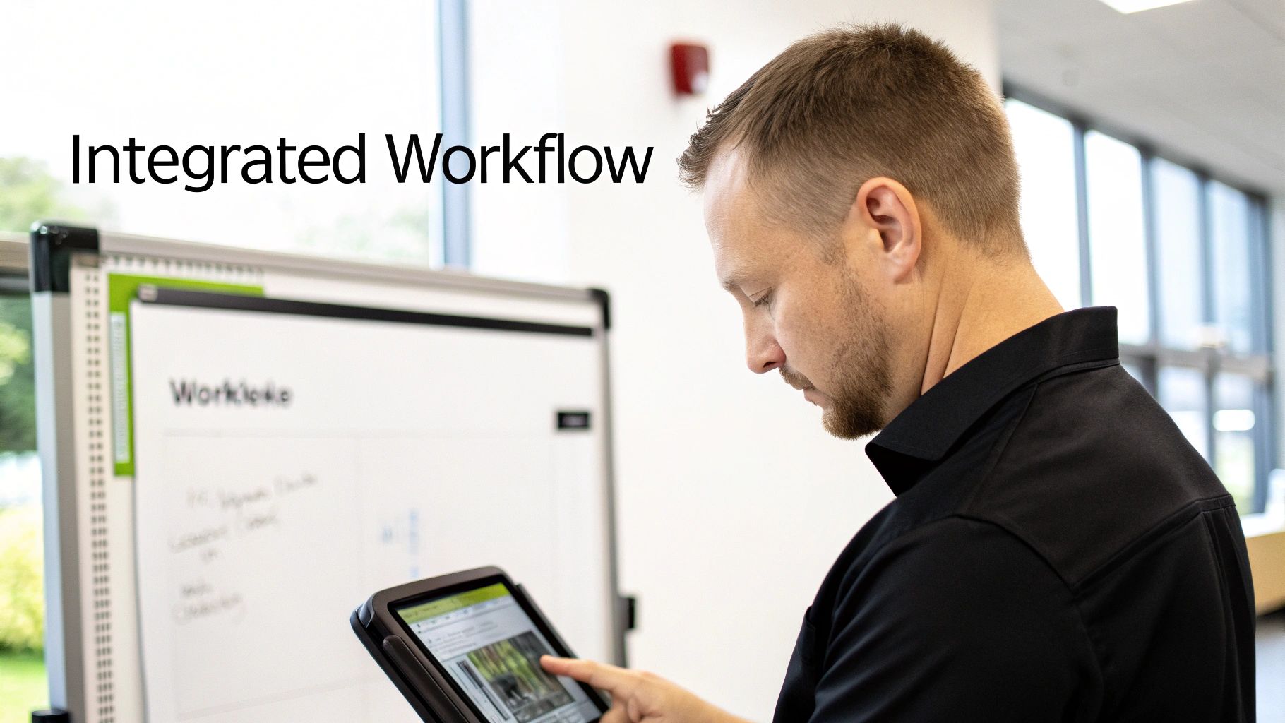 Man using a tablet to manage integrated IT asset disposition workflow, with a whiteboard displaying "Workplace" in the background, emphasizing data security and compliance documentation.