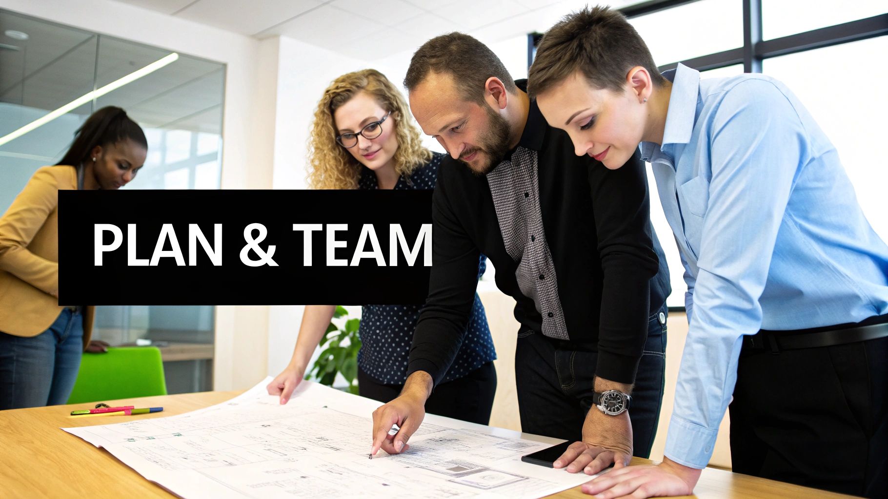 Diverse professionals collaborating, reviewing blueprints and plans together in a modern office environment.