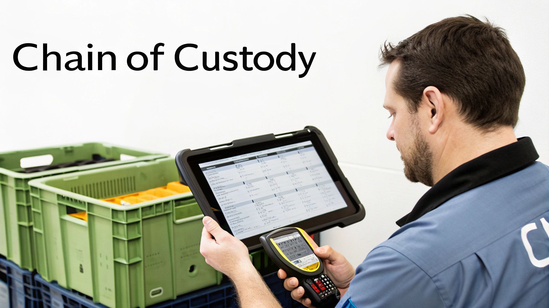 A person uses a tablet and scanner to manage chain of custody of items in a logistics setting.