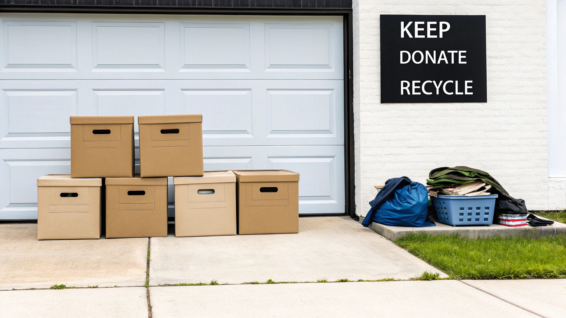 Several sorting bins labeled Keep, Donate, Recycle, and Junk in a garage ready for decluttering.