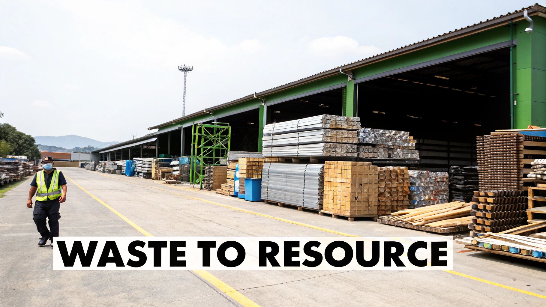 An industrial yard with stacked raw materials, a worker in a mask, and a 'Waste to Resource' sign.