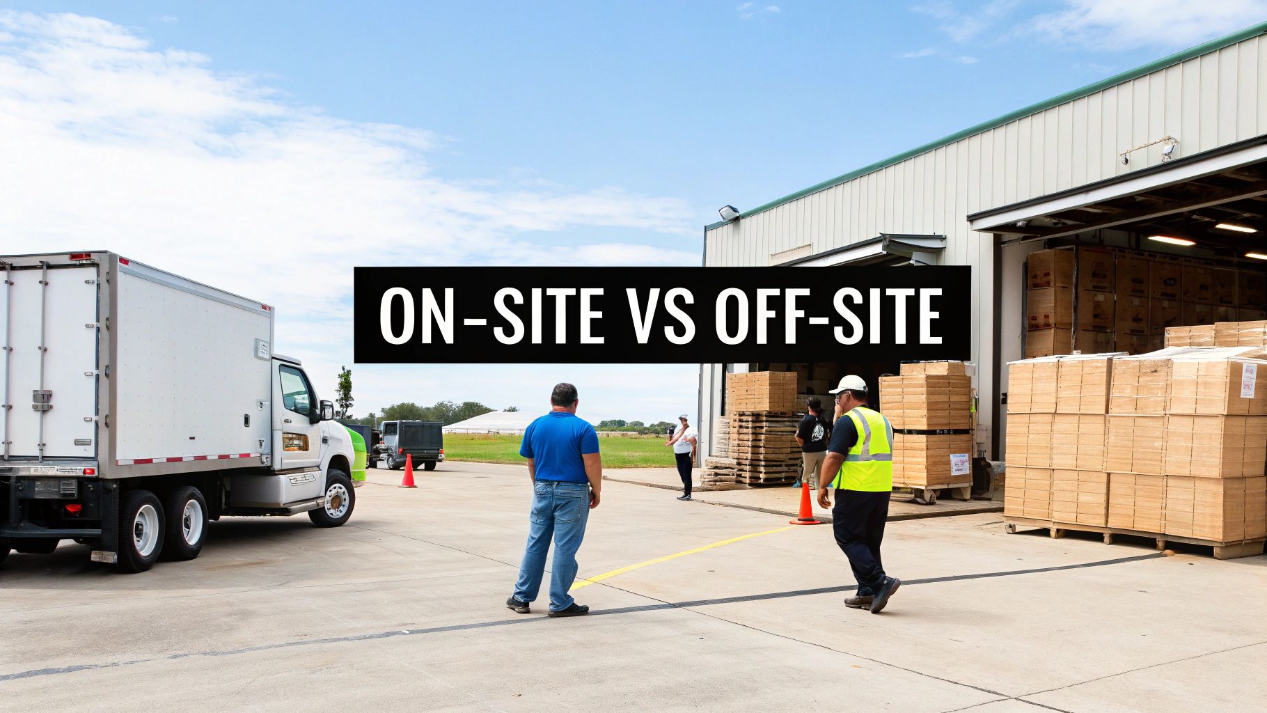 A professional technician operating a mobile hard drive shredding truck at a business location.