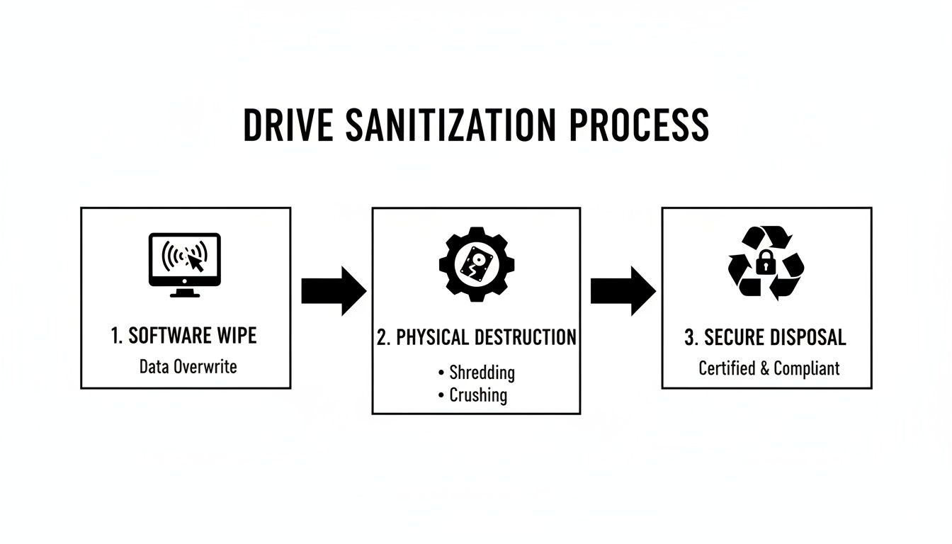 Diagram illustrating a three-step drive sanitization process: software wipe, physical destruction, and secure disposal.