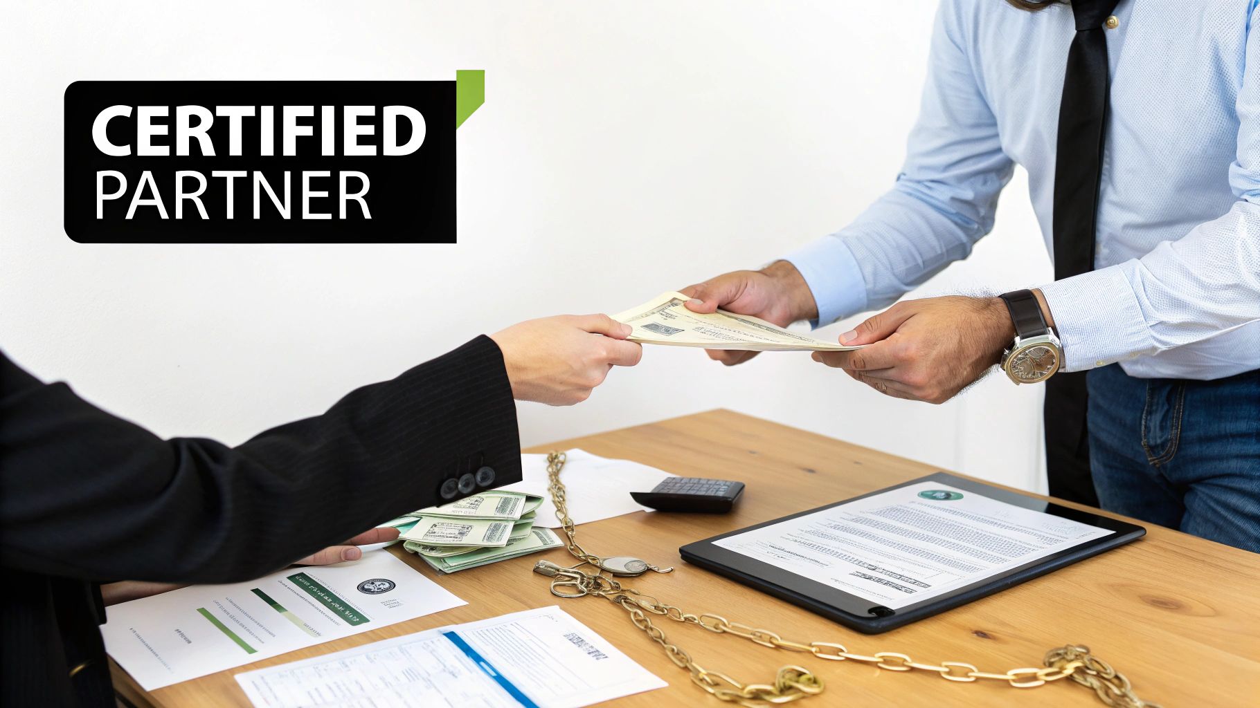 Two people exchanging US dollar bills across a table with documents and a 'Certified Partner' badge.