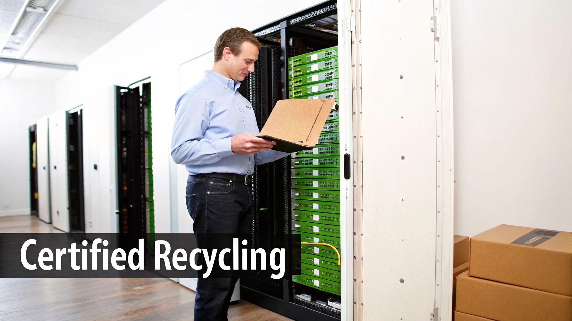 A man in a data center inspects server equipment, holding a folder, with 'Certified Recycling' text.