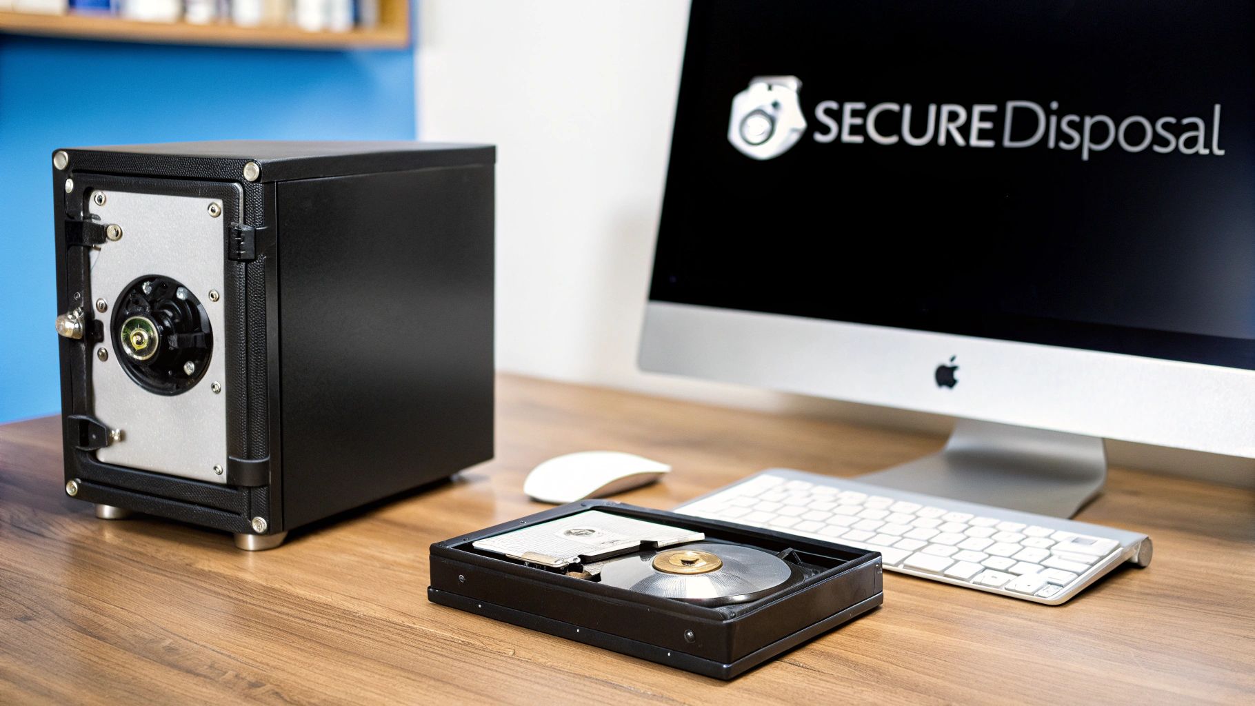 Secure hard drive recycling setup with a disposal machine, broken hard drive, and iMac.