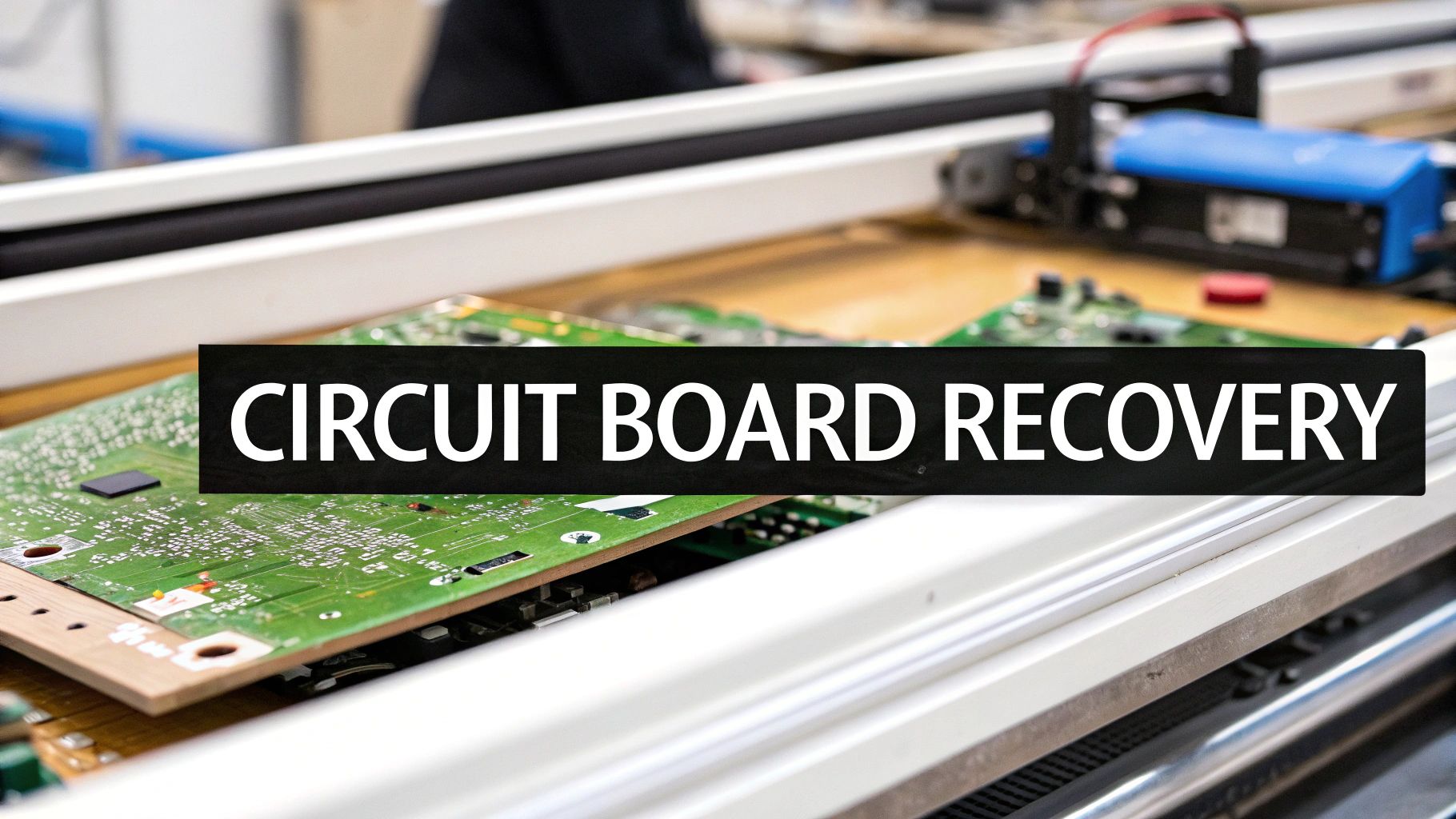 Green circuit boards on workbench with equipment for electronic waste recovery and recycling process