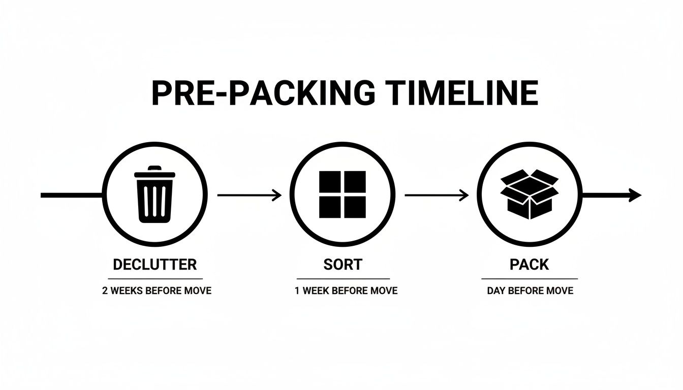 A pre-packing timeline graphic illustrating decluttering, sorting, and packing steps before a move.