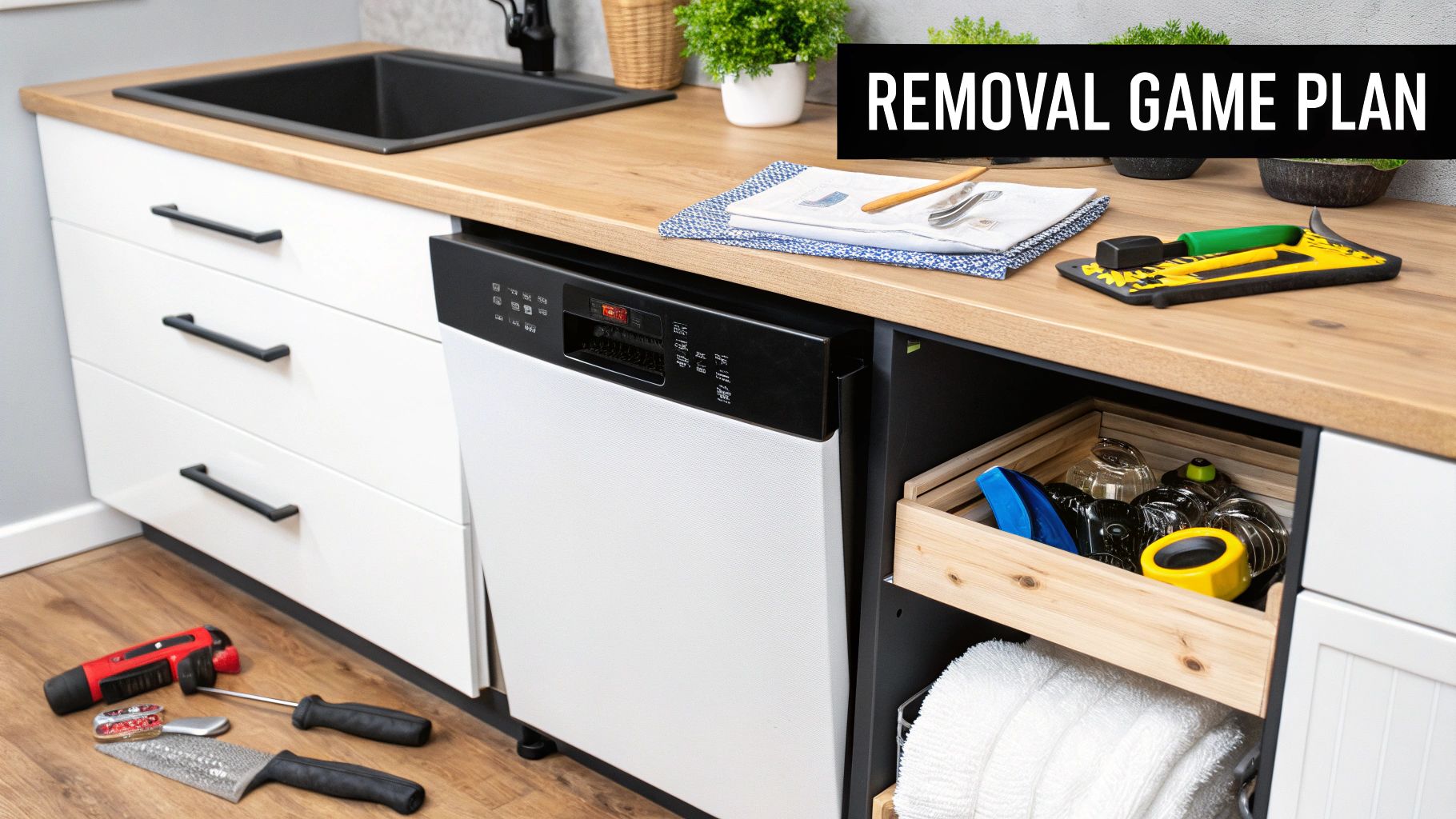 A modern kitchen with a dishwasher, sink, wooden counter, and tools on the floor for removal.
